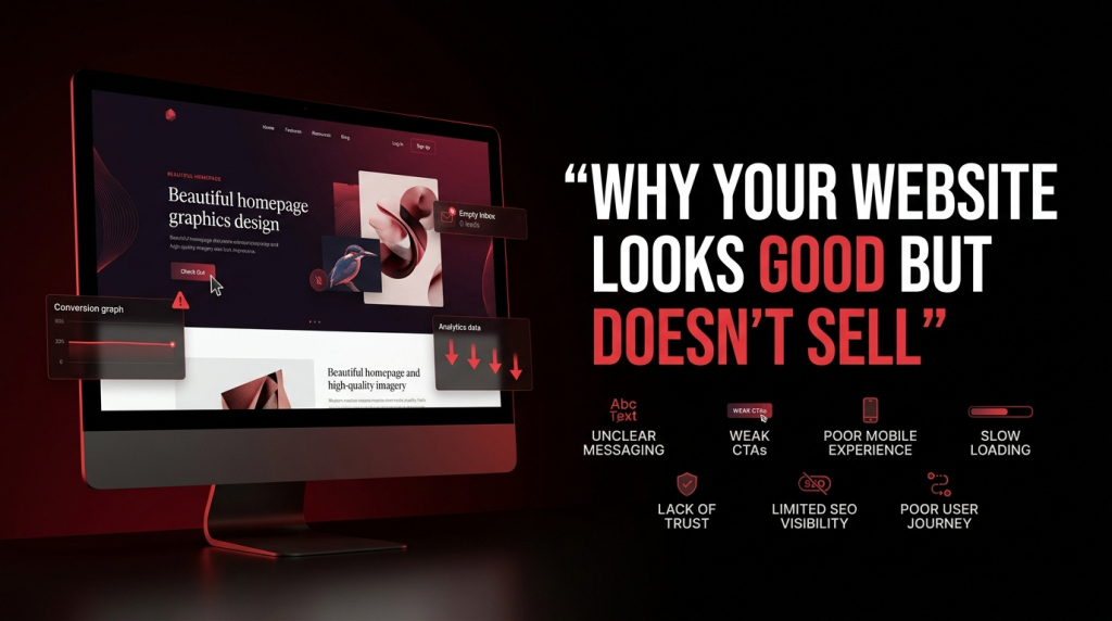 Modern desktop mockup displaying website conversion optimization issues like weak CTAs and slow loading speed by Webfolks