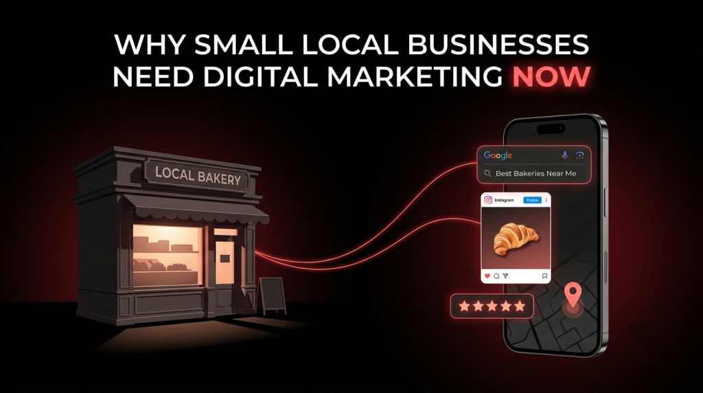Digital marketing strategy for small local businesses by Webfolks showing local SEO on a mobile phone for a bakery