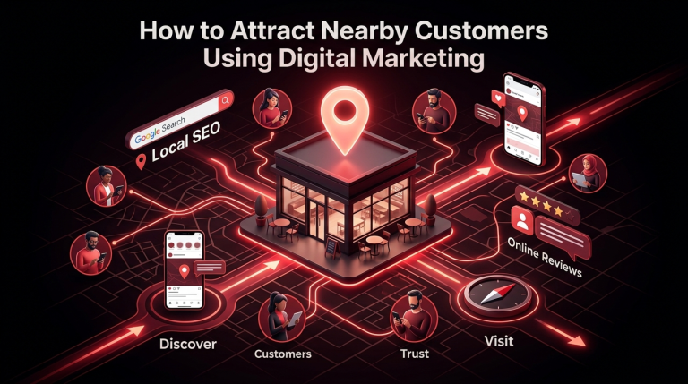 A storefront surrounded by glowing map pins, Local SEO, and online reviews nodes showing how to attract nearby customers by Webfolks