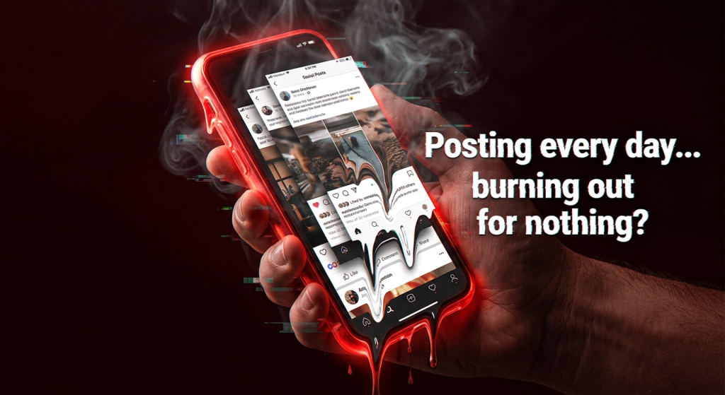 Hand holding a melting glowing smartphone representing social media burnout and daily content posting stress solutions by Webfolks