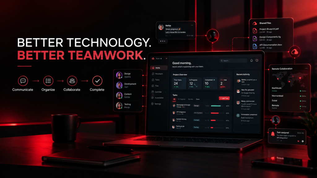 A laptop showing a project management dashboard surrounded by remote team collaboration nodes under headline Better Technology Better Teamwork by Webfolks