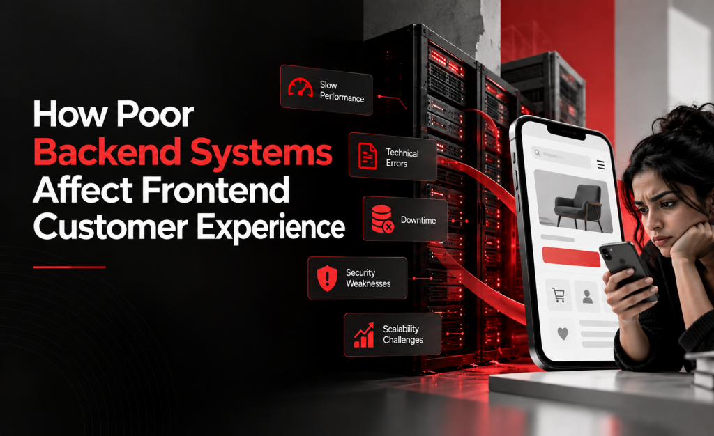 A frustrated user holding a smartphone next to server racks and backend issue badges like Slow Performance and Downtime under headline How Poor Backend Systems Affect Frontend Customer Experience by Webfolks