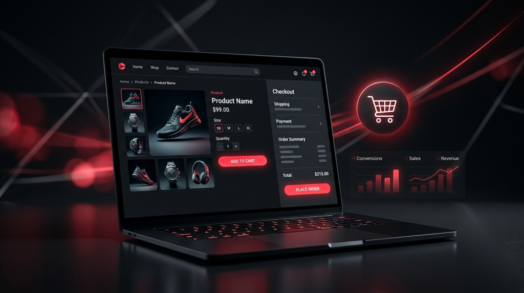 A laptop displaying an e-commerce product page and seamless checkout interface with glowing shopping cart icons and sales growth metrics by Webfolks