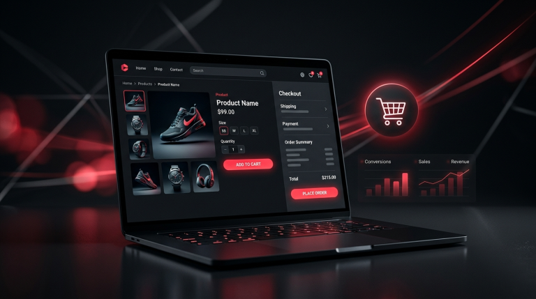 A laptop displaying an e-commerce product page and seamless checkout interface with glowing shopping cart icons and sales growth metrics by Webfolks