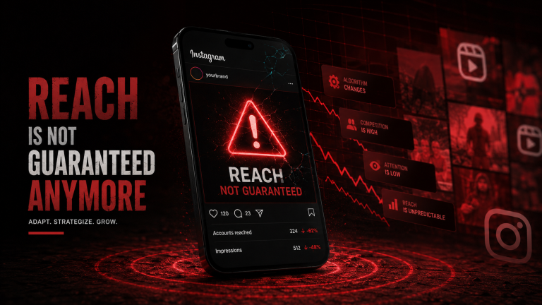 A smartphone displaying an Instagram warning for declining reach alongside algorithm change alerts by Webfolks