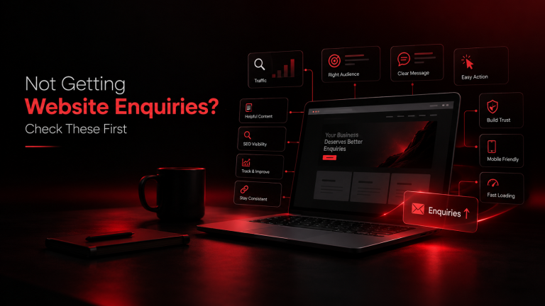 A laptop displaying website enquiry metrics with UI nodes for SEO visibility, target audience, site speed, and CRO strategy by Webfolks