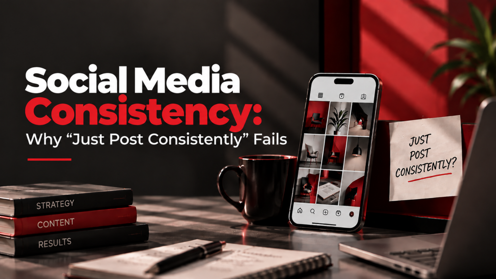 A smartphone displaying a social media feed on a desk next to books for Strategy, Content, and Results under headline Social Media Consistency: Why Just Post Consistently Fails by Webfolks
