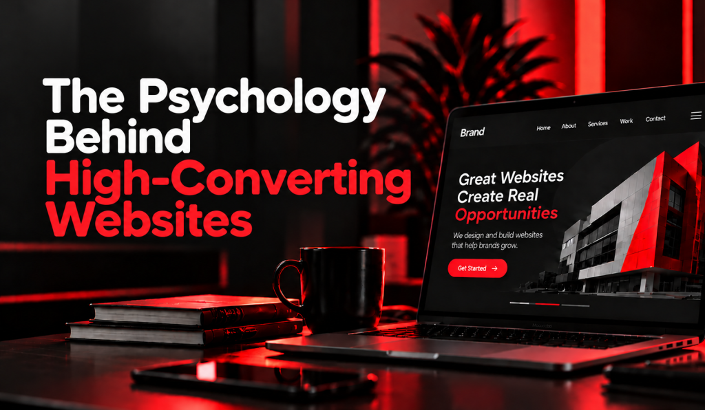 A laptop displaying a high-converting website design with headline The Psychology Behind High-Converting Websites by Webfolks