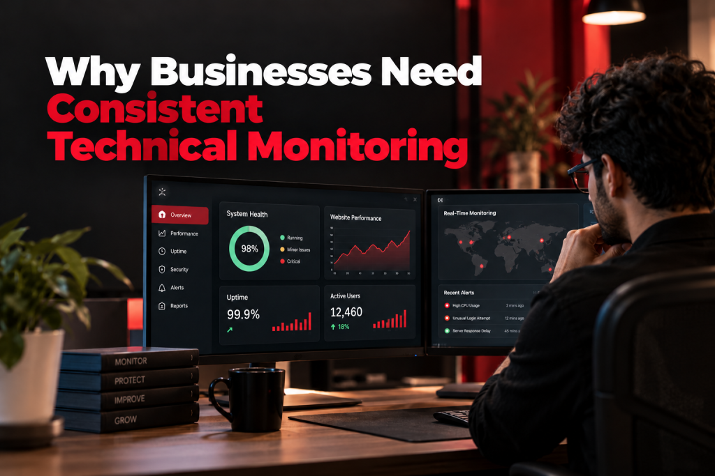 A developer analyzing system health, 99.9% uptime, and security threat alerts on dual monitors beside books labeled Monitor, Protect, Improve, and Grow under headline Why Businesses Need Consistent Technical Monitoring by Webfolks