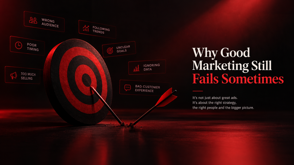 A target board with missed arrows surrounded by floating marketing risk cards like wrong audience and ignoring data under headline Why Good Marketing Still Fails Sometimes by Webfolks