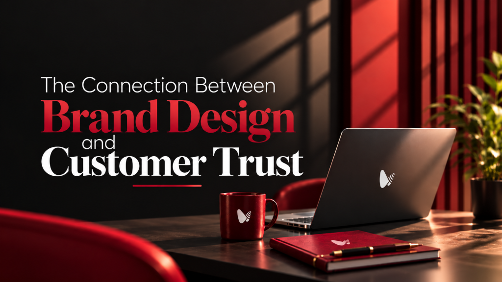 A cohesive branded office desk setup featuring a laptop, mug, and notebook under headline The Connection Between Brand Design and Customer Trust by Webfolks