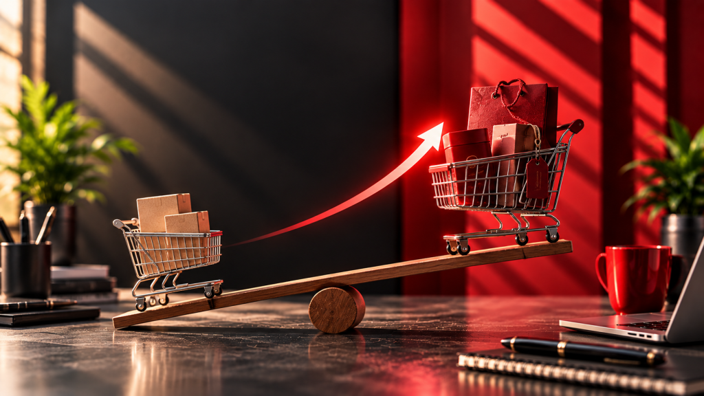 A seesaw scale demonstrating e-commerce order value growth with basic packages on one side balanced against high-value shopping bags on the other by Webfolks