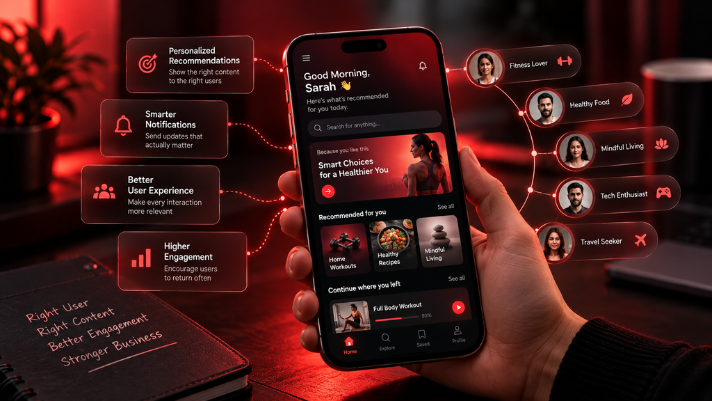 A hand holding a smartphone displaying personalized app recommendations, user segments, and engagement metrics by Webfolks