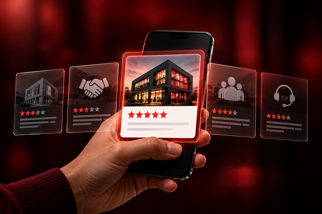 A hand holding a smartphone displaying floating interactive cards with business portfolios and 5-star customer reviews by Webfolks