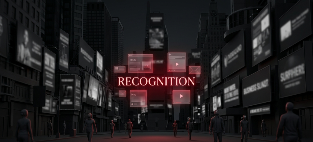 A high-tech urban street with glowing red media cards highlighting RECOGNITION above the headline In a Crowd of Brands, The Familiar One Stands Out by Webfolks